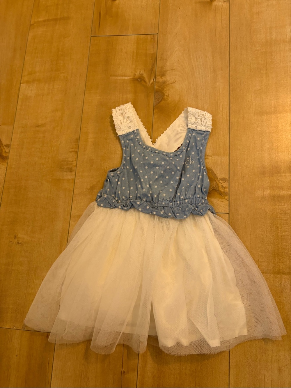 Calvin Klein Blue and White Polka Dot Tulle Dress